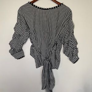 Zara Black & White Plaid Blouse Small with faux pearl trim